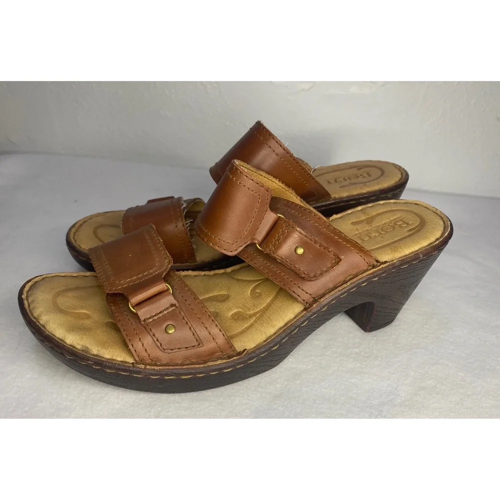 Born Slide Sandals Womens 9 Brown Leather Wedge Adjustable Straps cottagecore‎